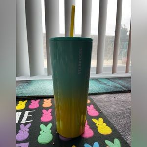 NWT Starbucks 24oz metal blue/yellow Ombre cold cup w/straw. Perfect for summer!